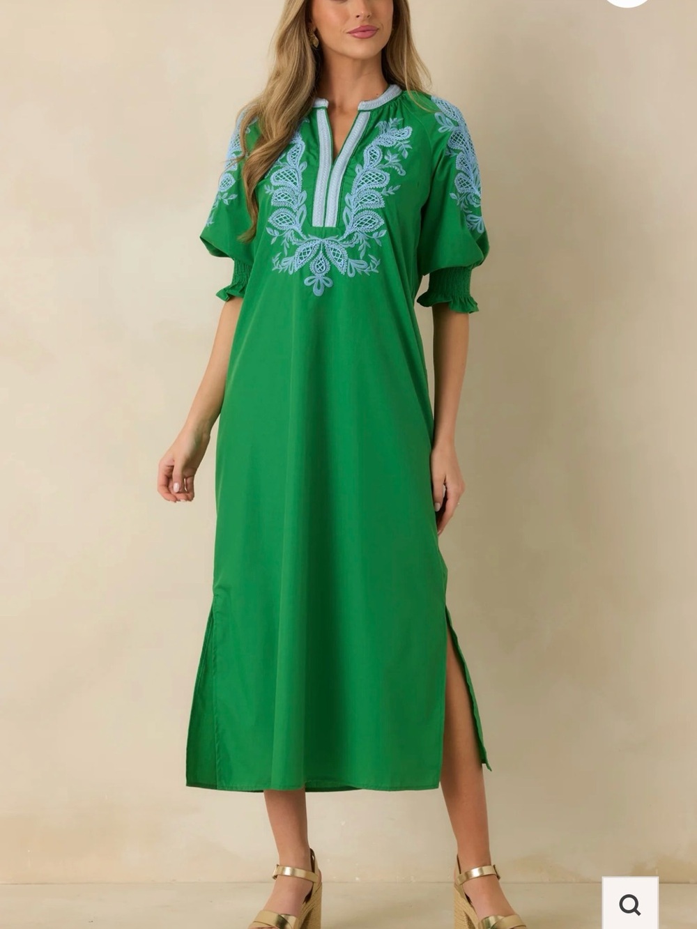 entro Green Embroidered Split-Sleeve Midi Dress with Light Blue Detail